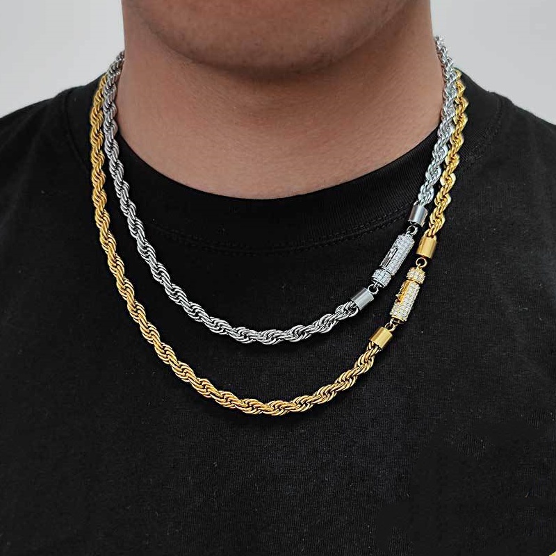 6mm 16-24inch NEW Trendy Men Rope Chain Necklace Bracelet 18K Gold Plated Stainless Steel Twisted Link Chains Necklace Fashion Rock Rapper Jewelry