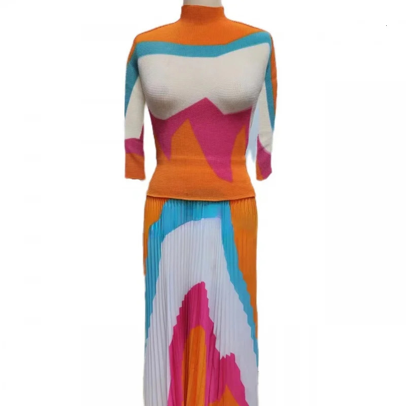 Summer Miyake Printing Color Matching Corn Pleated Long Sleeve Half High Neck Slim Fit Top Two Piece Pleated Skirt Set 240429