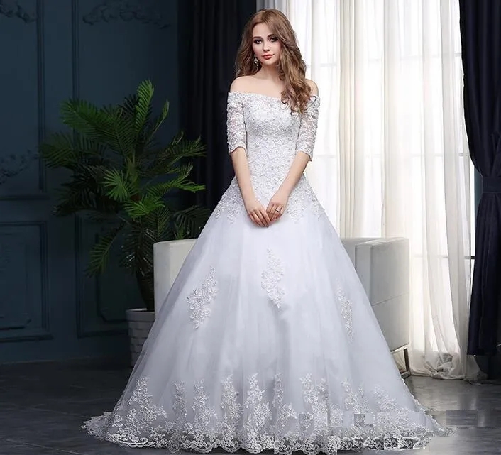 Wedding dress Charming Bateauty bridal viel princess off shoulder Wedding Dresses Bridal Gowns with Sash Bow Sweep Train Custom Made BD04