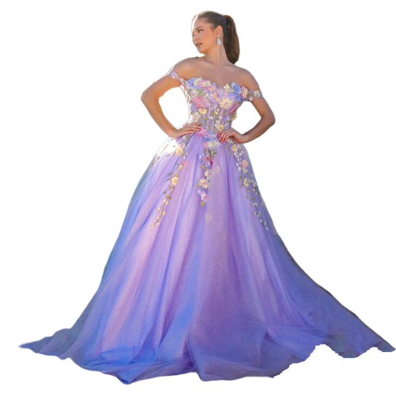 3D Floral Appliques Lavender Prom Dresses Off The Shoulder Long Tulle A line Quinceanera Dress 2024 Romantic Evening Gowns Vestido De Novia