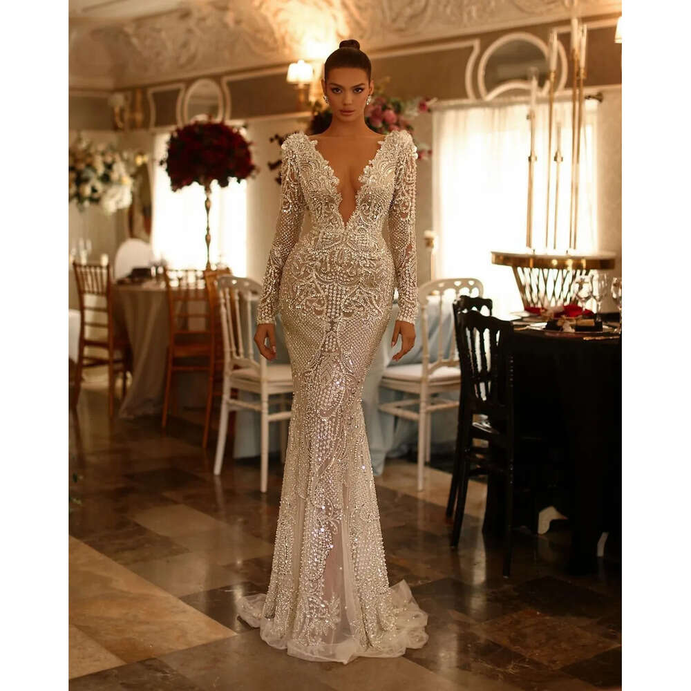 Mermaid Wedding Dress: Long Deep V-Neck Sequined Bridal Gown With Detachable Train, Custom Plus Size