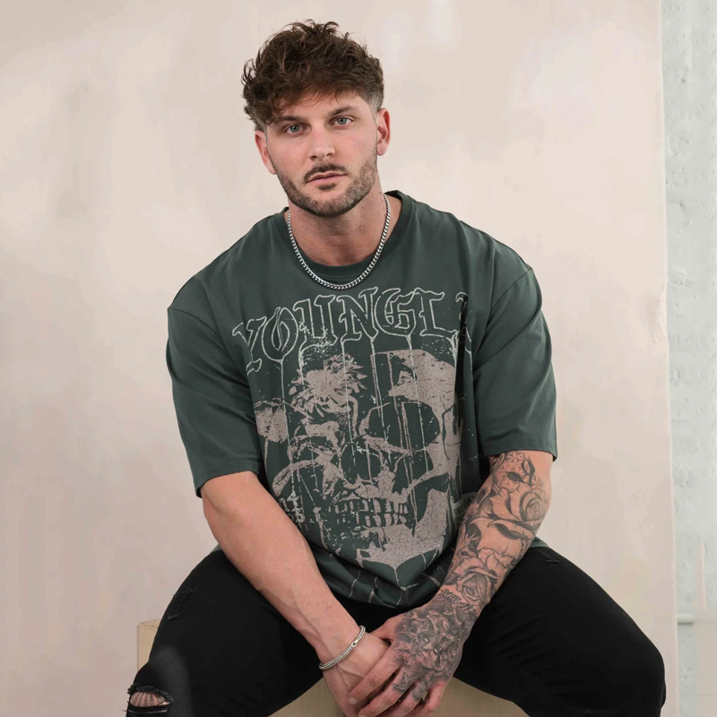 YOUNGLA Men's Extra Large T-shirt Cotton Round Neck Loose Short Sleeve Gym Sports Fitness T-shirt 240Gsm heavy Fabric