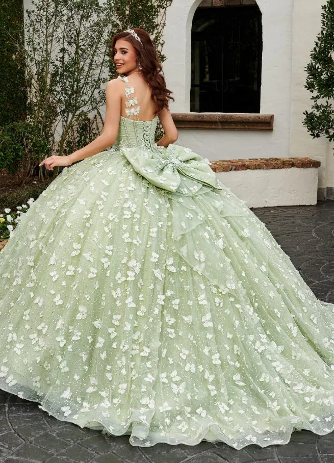 Sage Butterfly Princess Quinceanera Dresses With Bow Back Detachable Long Sleeves Straps Luxury Lace Prom Graduation Party Dress 2024 Floral Lace Vest