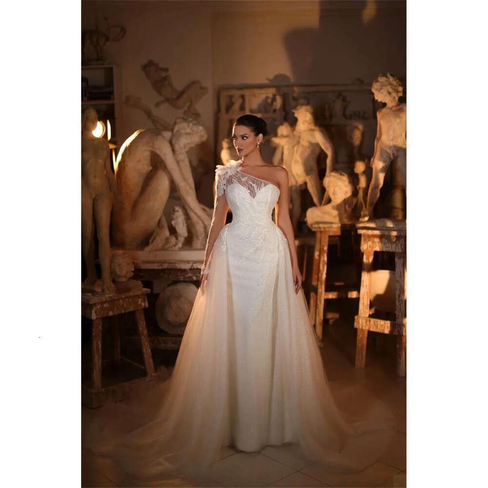 Shoulder Wedding Dresses D Glamorous Mermaid One Flower Applicants Long Sleeves Floor Length With Tulle Custom Made Plus Size Bridal Gown Vestidos De 