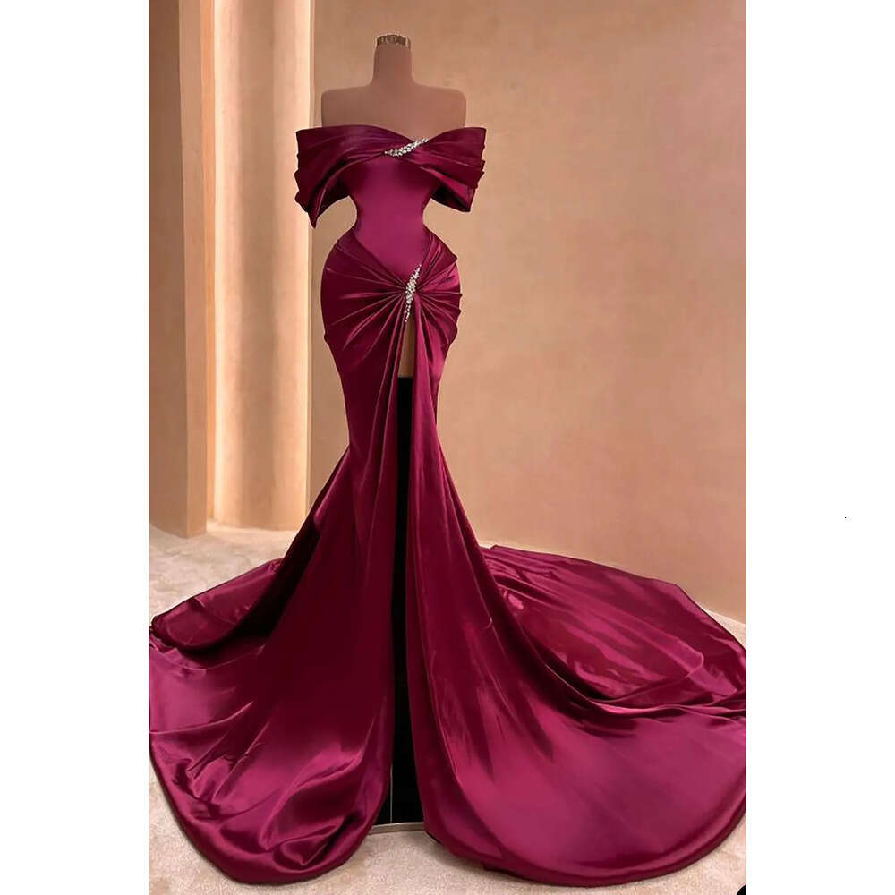 Off Elegant The Mermaid Shoulder Dresses Prom Beads Satin Front Split Pleats Chapel Gown Backless Plus Size Custom Made Party Dress Vestido De Noite 6