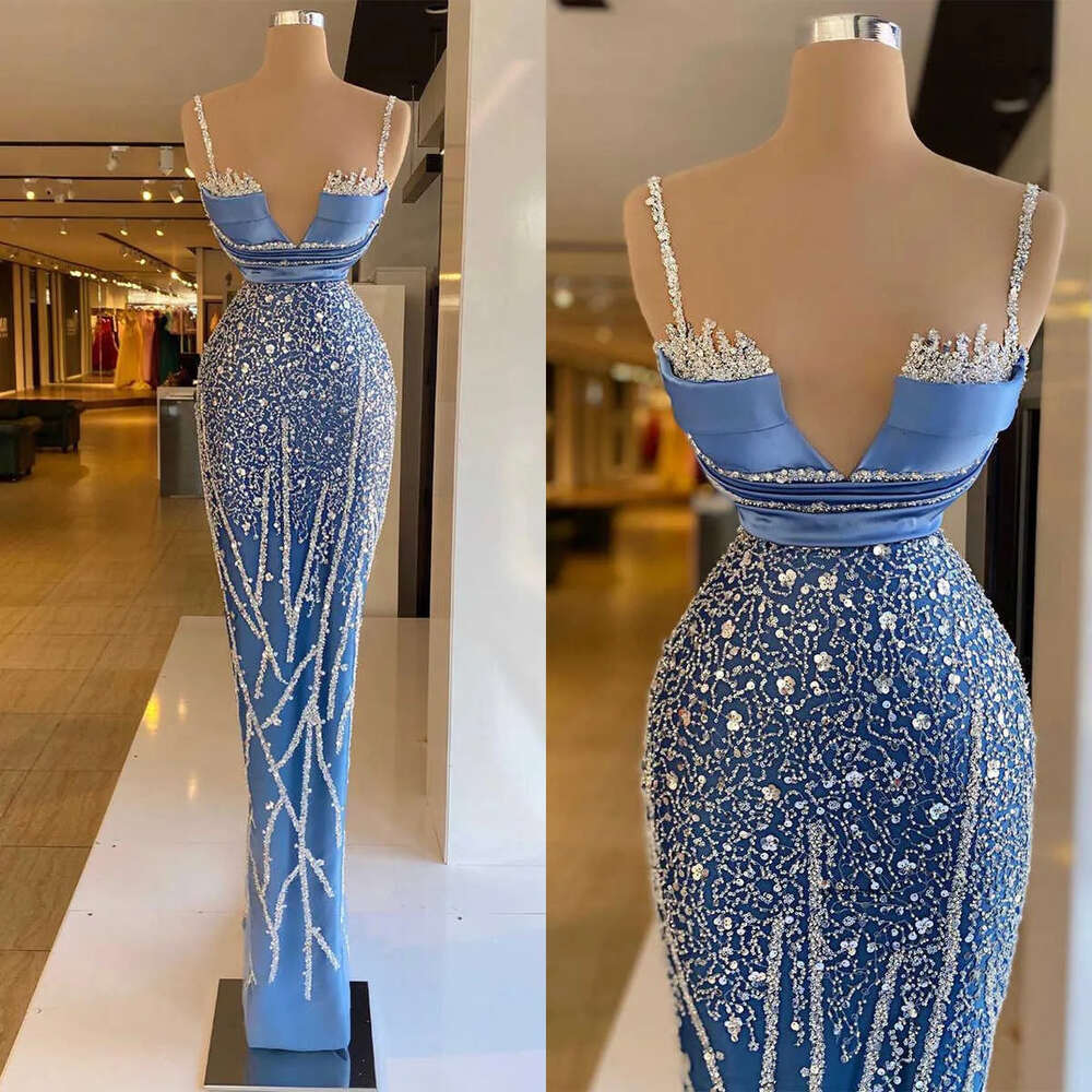 Sparkling Mermaid Prom Sleeveless Deep V Neck Spaghetti Sequins Applique Beading Floor Length Celebrity Evening Dresses Plus Size Custom Made L24399 0