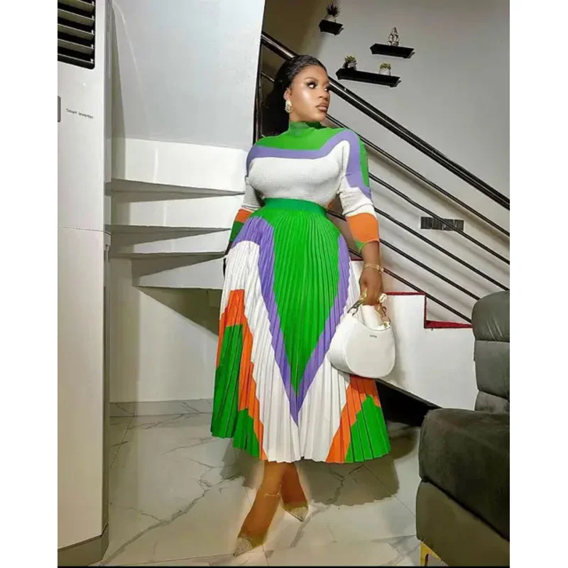 Summer Miyake Printing Color Matching Corn Pleated Long Sleeve Half High Neck Slim Fit Top Two Piece Pleated Skirt Set 240429