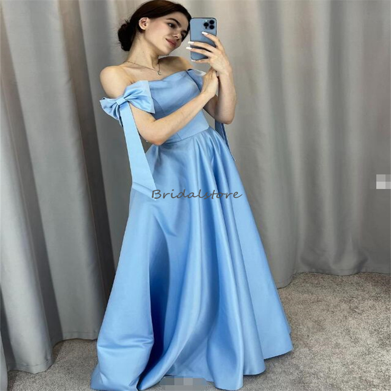 Blue Evening Dresses With Bow Off Shoulders Satin Long Prom Dress 2024 Elegant Ceremony Formal Party Gowns Custom Made Birthday Dress Robe De Fiesta A