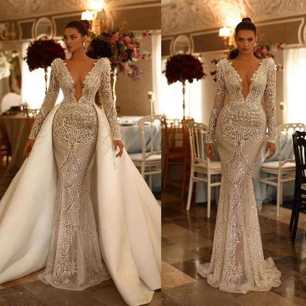 Mermaid Wedding Dress: Long Deep V-Neck Sequined Bridal Gown With Detachable Train, Custom Plus Size