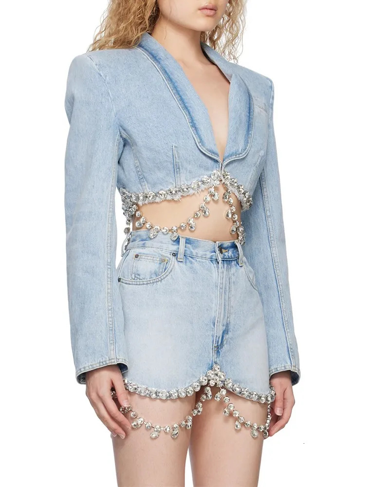 TWOTWINSTYLE Spliced Diamonds Tassel Denim Two Piece Set For Women Lapel Long Sleeve Coat High Waist Mini Skirt Fashion 240423