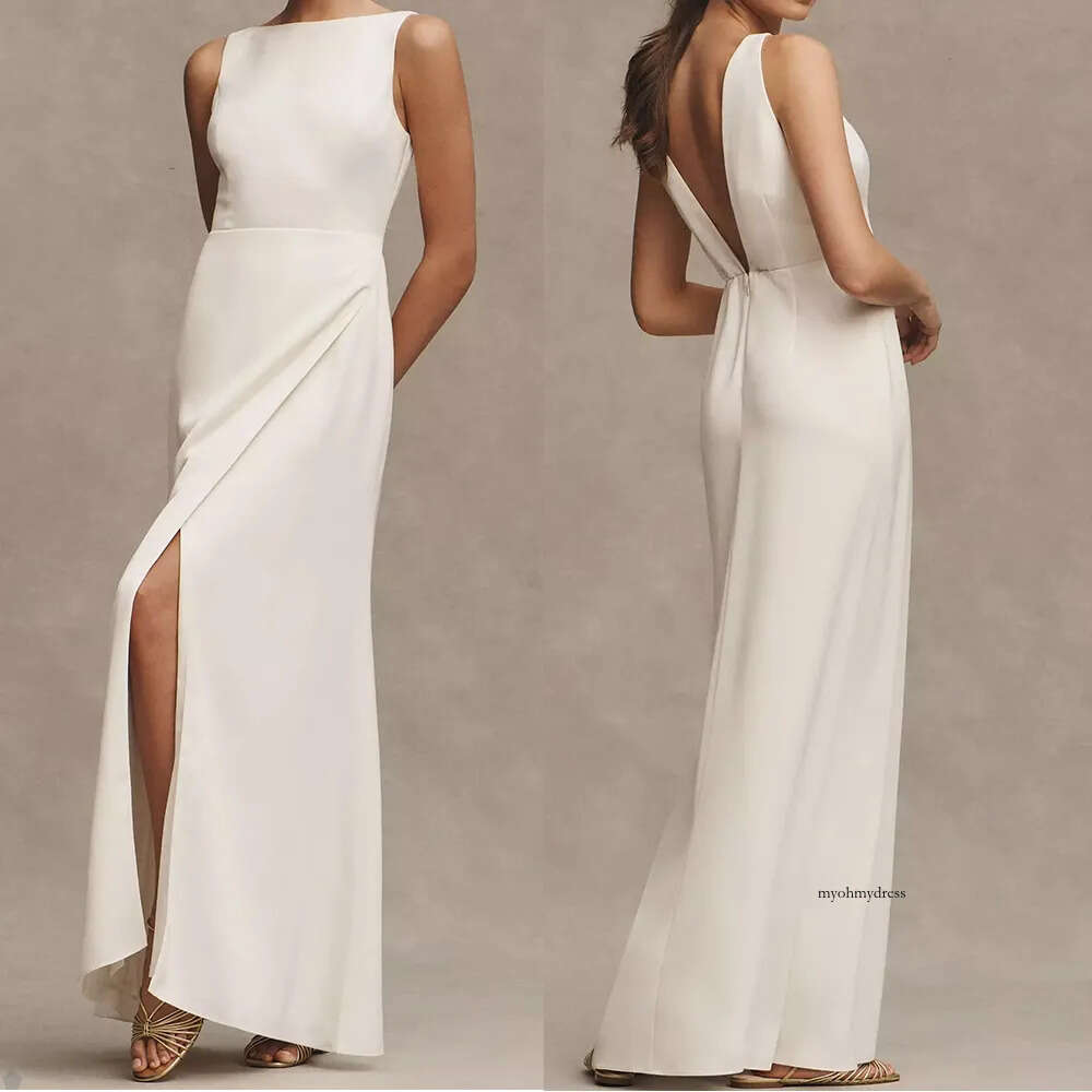 Pure White Column Prom Jewel Sleeveless Floor Length Sexy Backless Modern Front Split Celebrity Evening Dresses Plus Size Custom Made B5004 0508