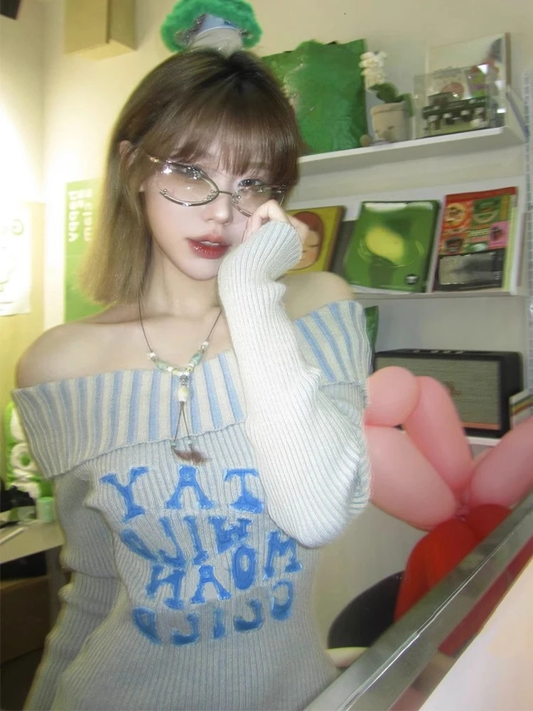 Sexy Off Shoulder Letter Womens Sweater Autumn Slim Retro Full Matching Puller Sweet Y2k Striped Knitted Fairy Jumper Trend 240426