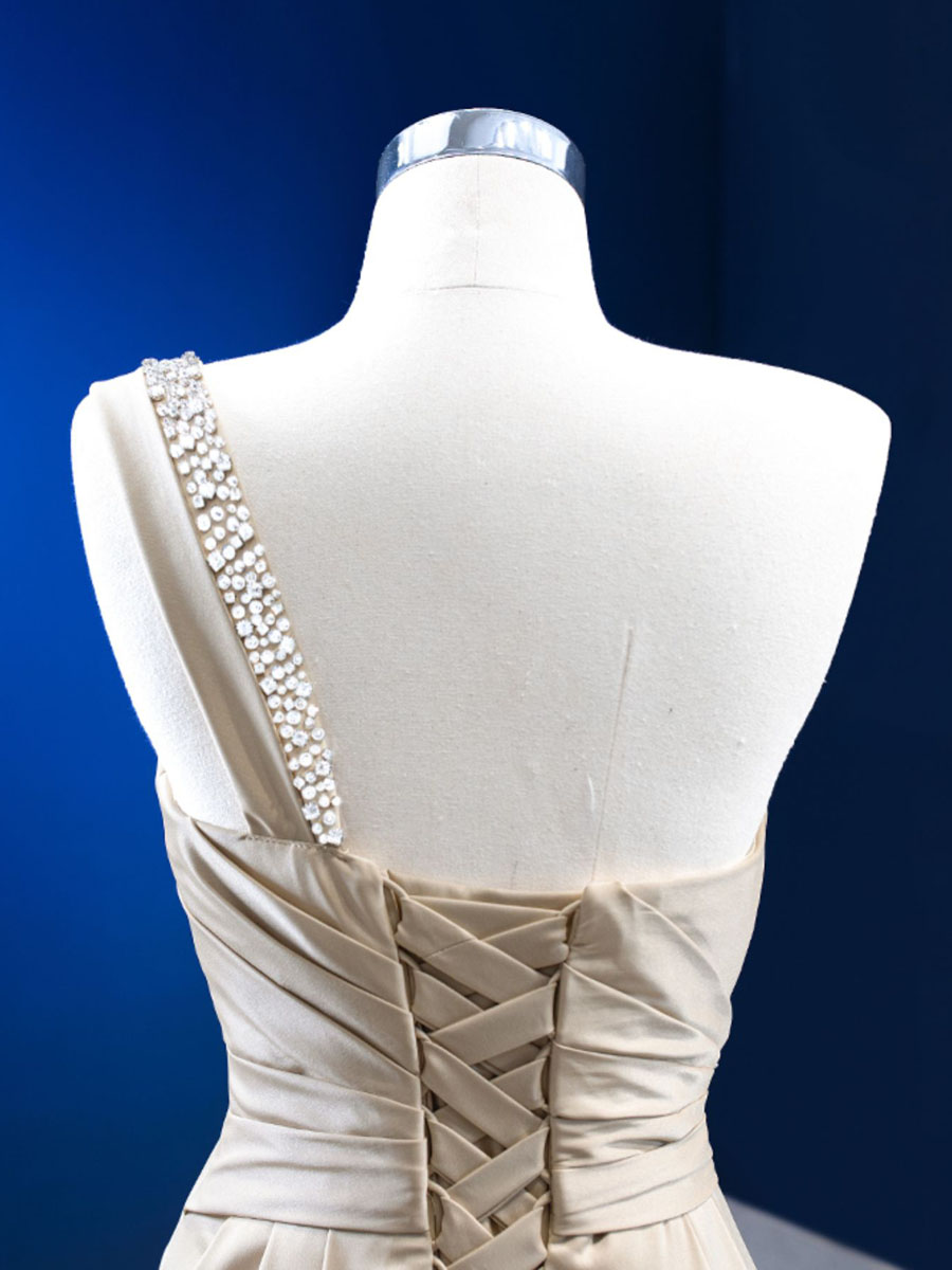 Evening Dresses 2024 Real Pictures Champagne Long Formal Dresses Elegant One Shoulder Satin with Sequins Beads Court Train Royal Blue, Burgundy, Green