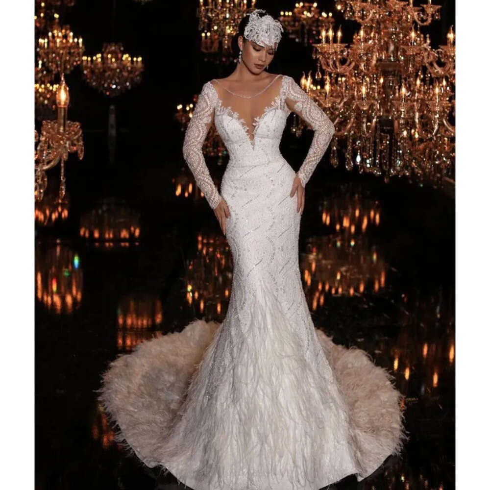 Mermaid Sleeves Ostrich Long Sexy Feather Dresses Deep V Neck Backless Sequins Bridal Gowns Sweep Train Wedding Dress 6660306