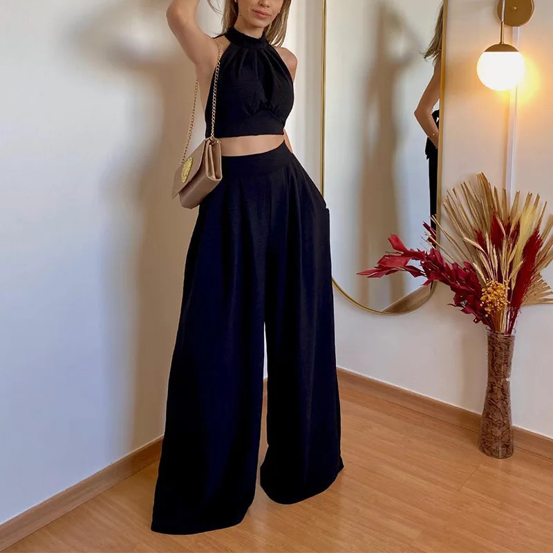 Long Pants Set Hanging Neck Top Short High Waisted Trousers Twopiece Streetwear Solid Color Casual Female Clothing Summer 240423