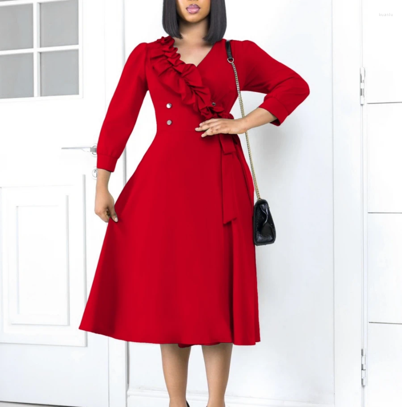 Casual Dresses 2024 Spring/Summer Womens Elegant And Fashionable Temperament Solid Color V-neck Pleated High Waisted Large Swing Skirt
