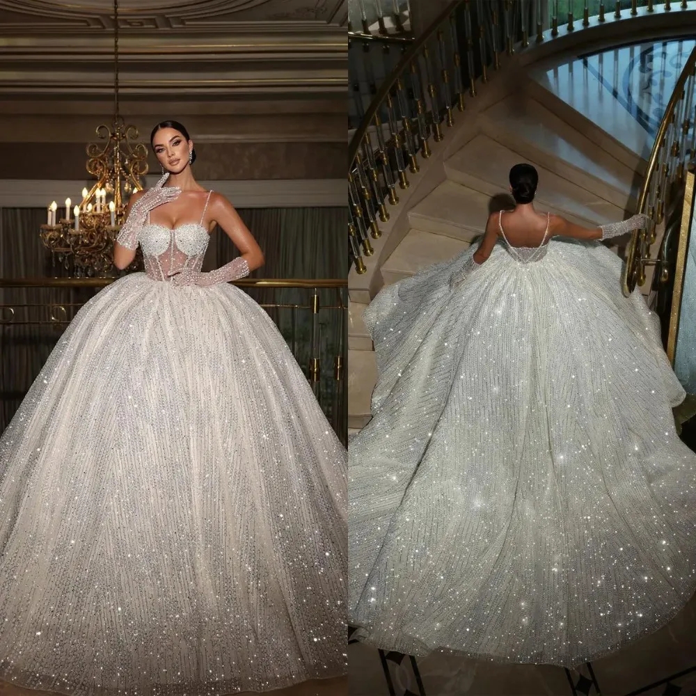 Ball Stunningbride Gown Wedding Spaghetti Straps Bridal Gowns Pearl Crystal Shiny Sweep Train Bride Dresses s