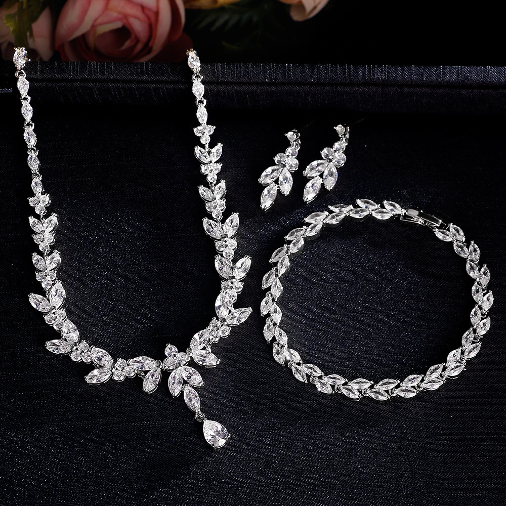 ZAKOL Brilliant Zirconia Leaf Necklace Earrings Rings Bracelets Set for Women CZ Drop Bridal Wedding Jewelry Sets 250527