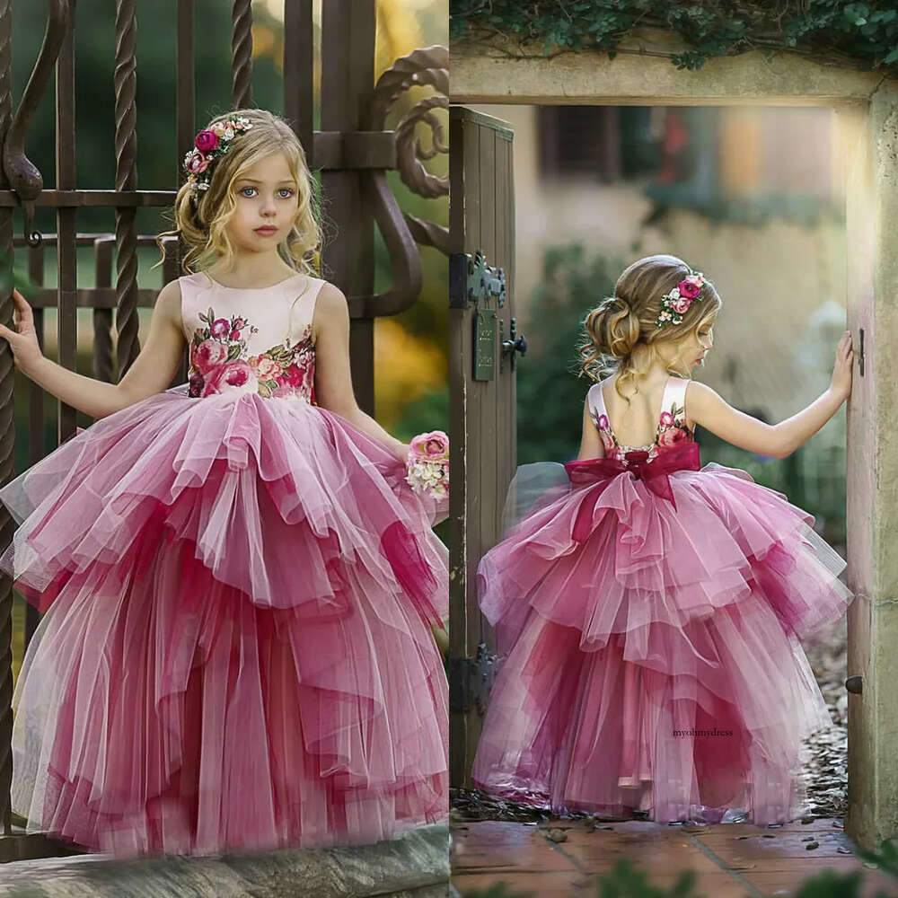 Cute 2020 Flower Girls Dresses For Wedding Jewel Tiered Ruffles Tulle Kids Formal Wear Bow Floor Length Girl Pegeant Dress 0508