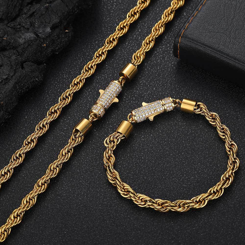 6mm 16-24inch NEW Trendy Men Rope Chain Necklace Bracelet 18K Gold Plated Stainless Steel Twisted Link Chains Necklace Fashion Rock Rapper Jewelry