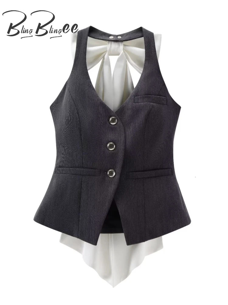BlingBlingee Y2K Women Halter Crop Top Mini Skirt Suits Traf Summer Remove Big Bow Patchwork Sleeveless V Neck Slim Vest Sets 240423