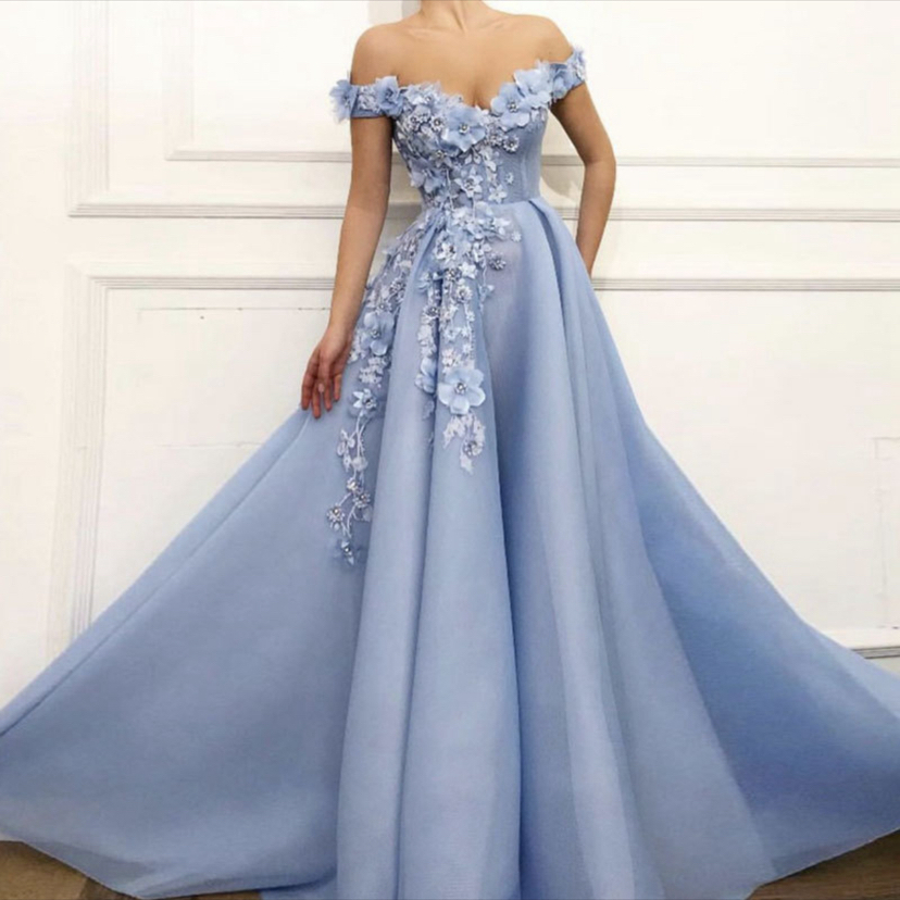3D Floral Appliques Prom Dresses A Line Light Sky Blue Pageant Dress Off The Shoulder Floor Length Flowers Evening Gowns 2024 Long Special Occasion We