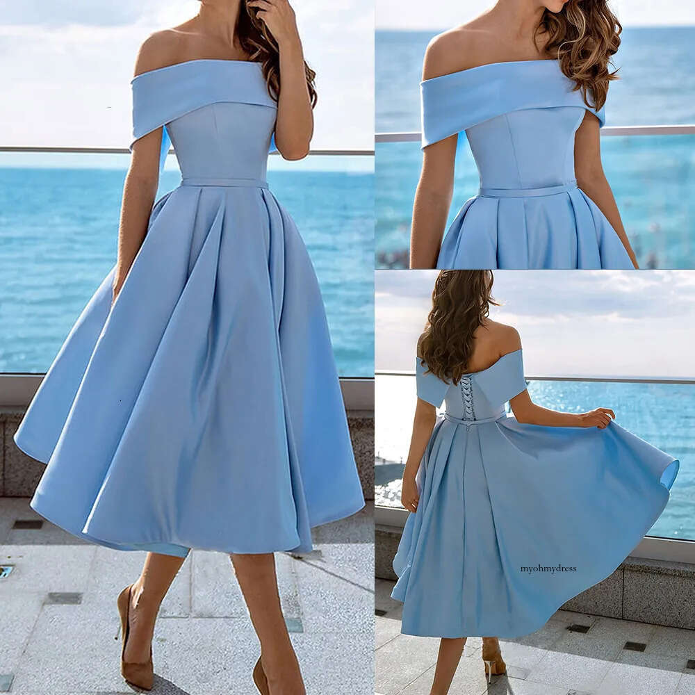 2024 A-Line Prom Off-the-Shoulder Short Sleeve Lace-up Tea-Length Pick-ups New Arrivals Celebrity Evening Dresses Plus Size Custom Made B5003 0508