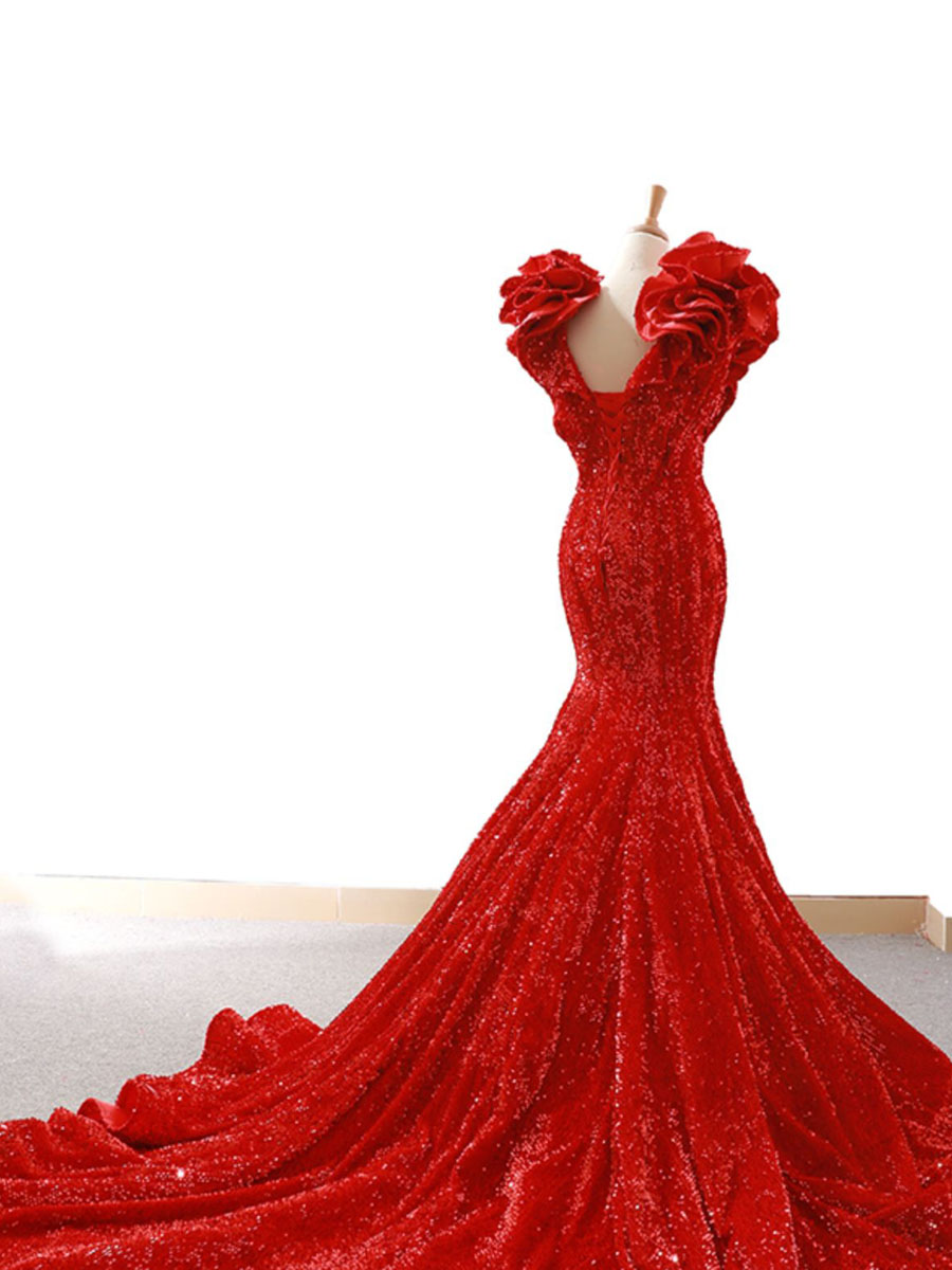 Sparkling Mermaid Evening Dresses Red 2024 New Arrival Real Pictures Runway Party Formal Dresses Deep V-Neck Lace-Up Back