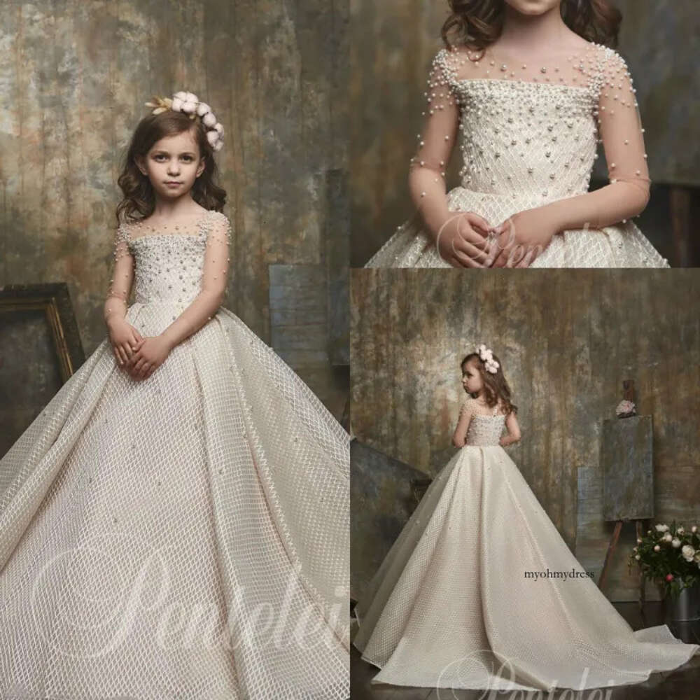 Dreamly A Line Flower Girl Dresses Jewel Long Sleeve Lace Applique Pearls Pageant Dress Floor Length Girl's Birthday Part 0508
