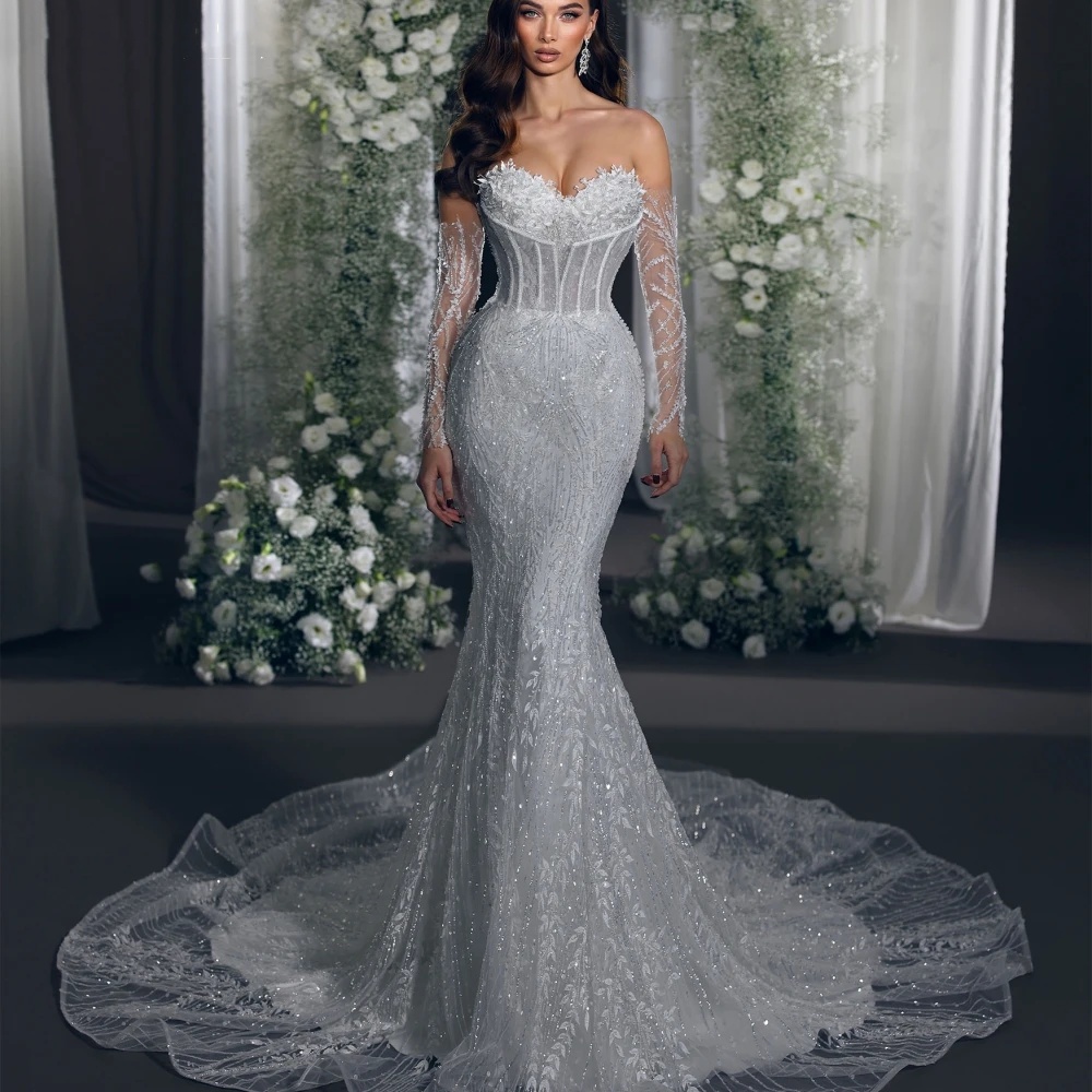 ful Wedding Dresses Appliques Mermaid Bridal Gowns Strapless Sequins Sweep Train Bride Dress Custom Made Vestidos De Novia