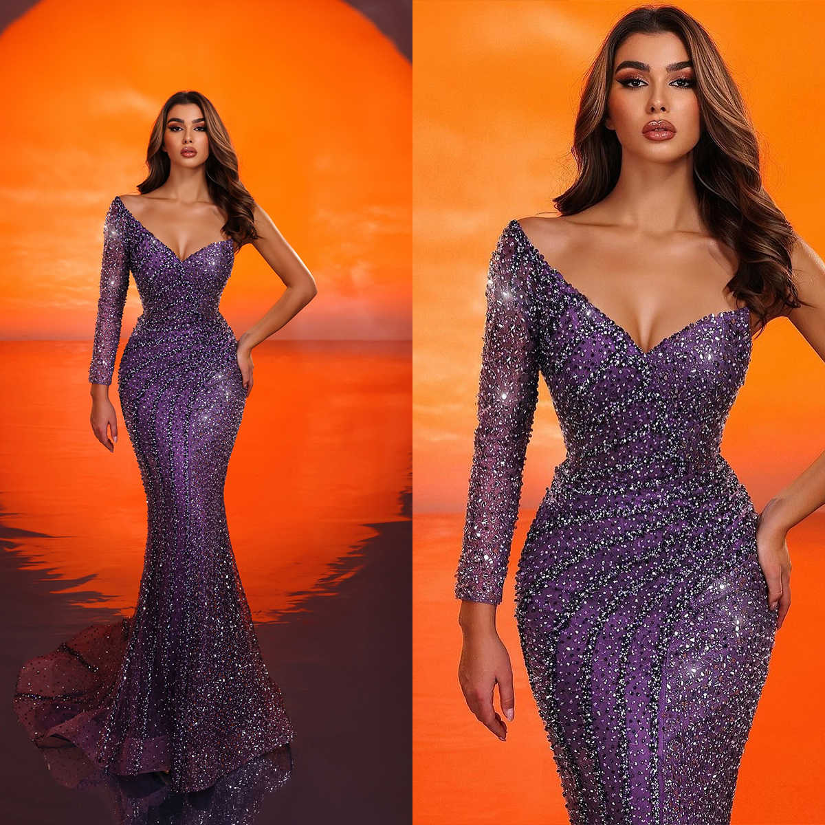 Mermaid New Prom One Shoulder Long Sleeve Or Length Lace Ruffles Design Appliques Beaded Crystal Celebrity Evening Dresses Plus Size Custom Made L