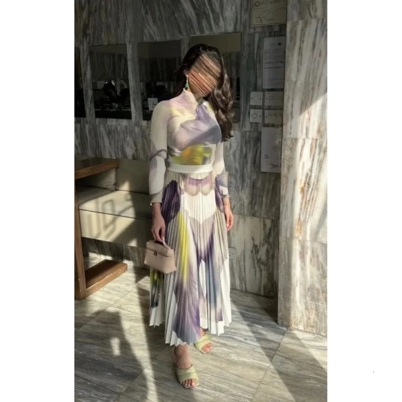 Miyake Pleated Women Suit Slim Western Print Stand Collar Long Sleeve Top Loose Slim Skirt Casual Party Two Piece Set 240429