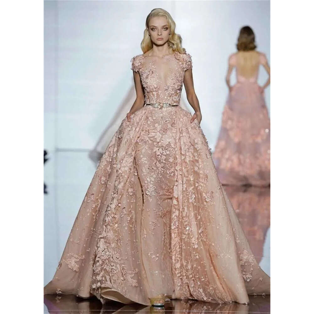Blush Elegant Zuhair Dresses Prom Murad Pink With Overkirt Exquisite Lace Applique Evening Gowns Party Formal Wear Leaf Belts Designer 0213
