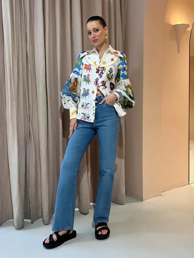 Women Printed Lantern Sleeve Shirts Turn-down Collar Tops Ladies Vintage Chic Holiday Casual Streetwear 240423