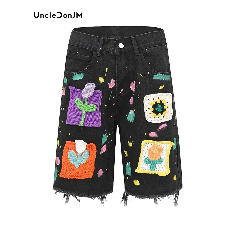 Graffiti Denim Shorts Pathches Flower Jorts Men Vibe Style Baggy Jorts Streetwear Y2k Jeans for Men 240428