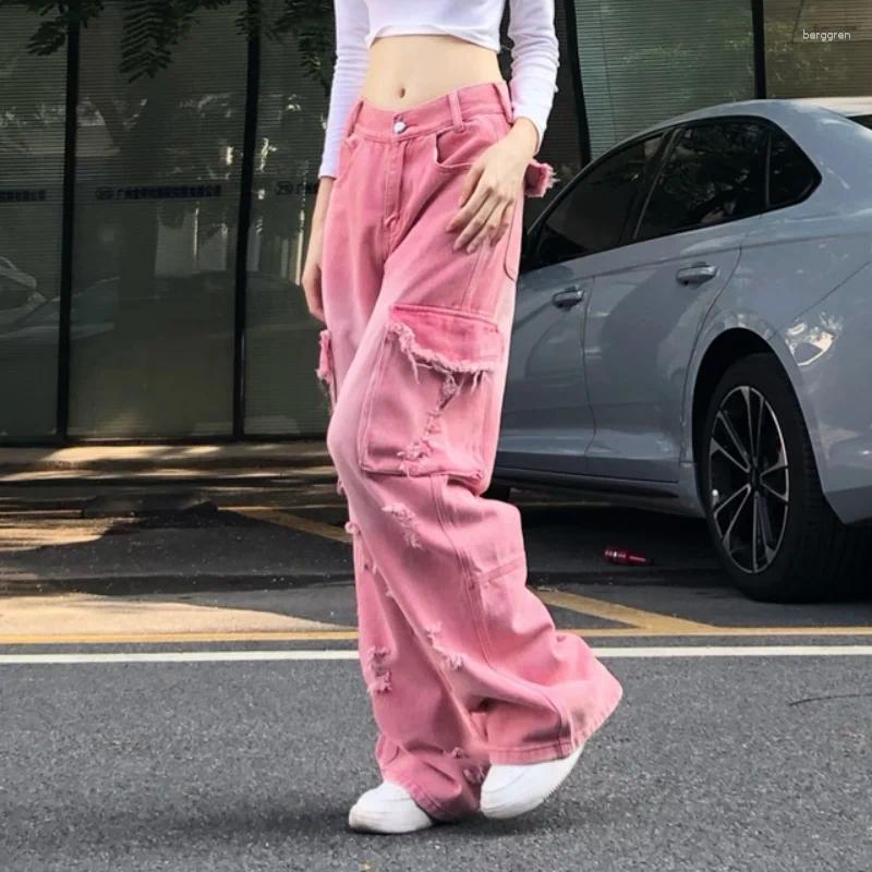 Women's Pink Jeans: High-Waist, Wide-Leg, Streetwear Fashion Pants