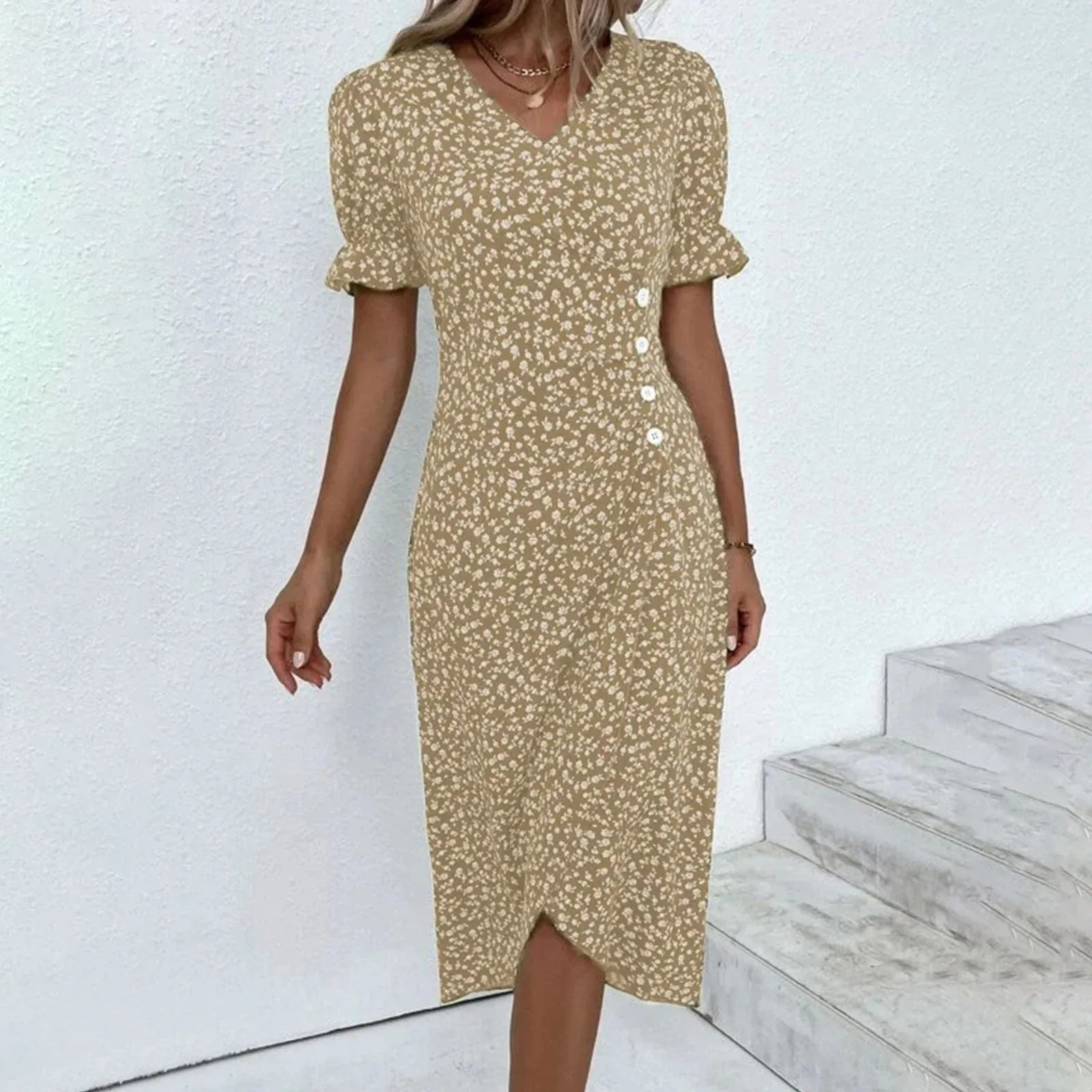 2024 Summer Floral Bodycon Midi Dress For Women V Neck Long Sleeve Ruched Slim Fit Dresses Female Sexy Vestido Robe 240422