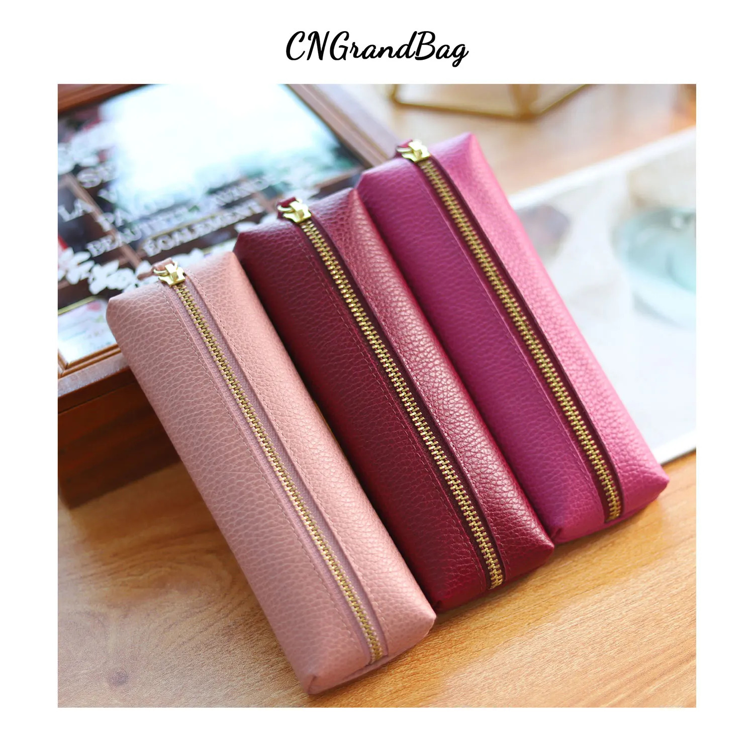 Monogrammed Letters Genuine Pebble Leather Zipper Pen Case Pencil Bag Large Capacity Handmade Creative School Stationary 240426