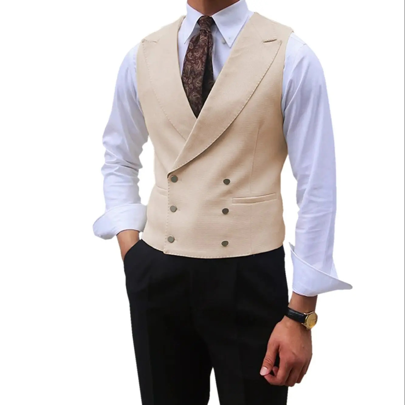 Men Vest Brown Solid Peaked Lapel Double Breasted Sleeveless Jacket Wedding Banquet Business Casual Slim Waistcoat 240507