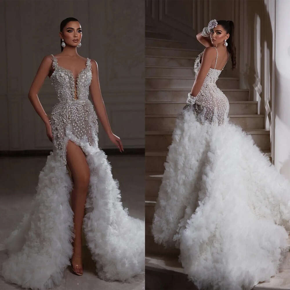 Pearls Elegant Spaghetti Mermaid Beads Wedding Dresses Lace Applicants Side Split Tulle Zipper Court Custom Made Plus Size Bridal Gown Vestidos De Nov