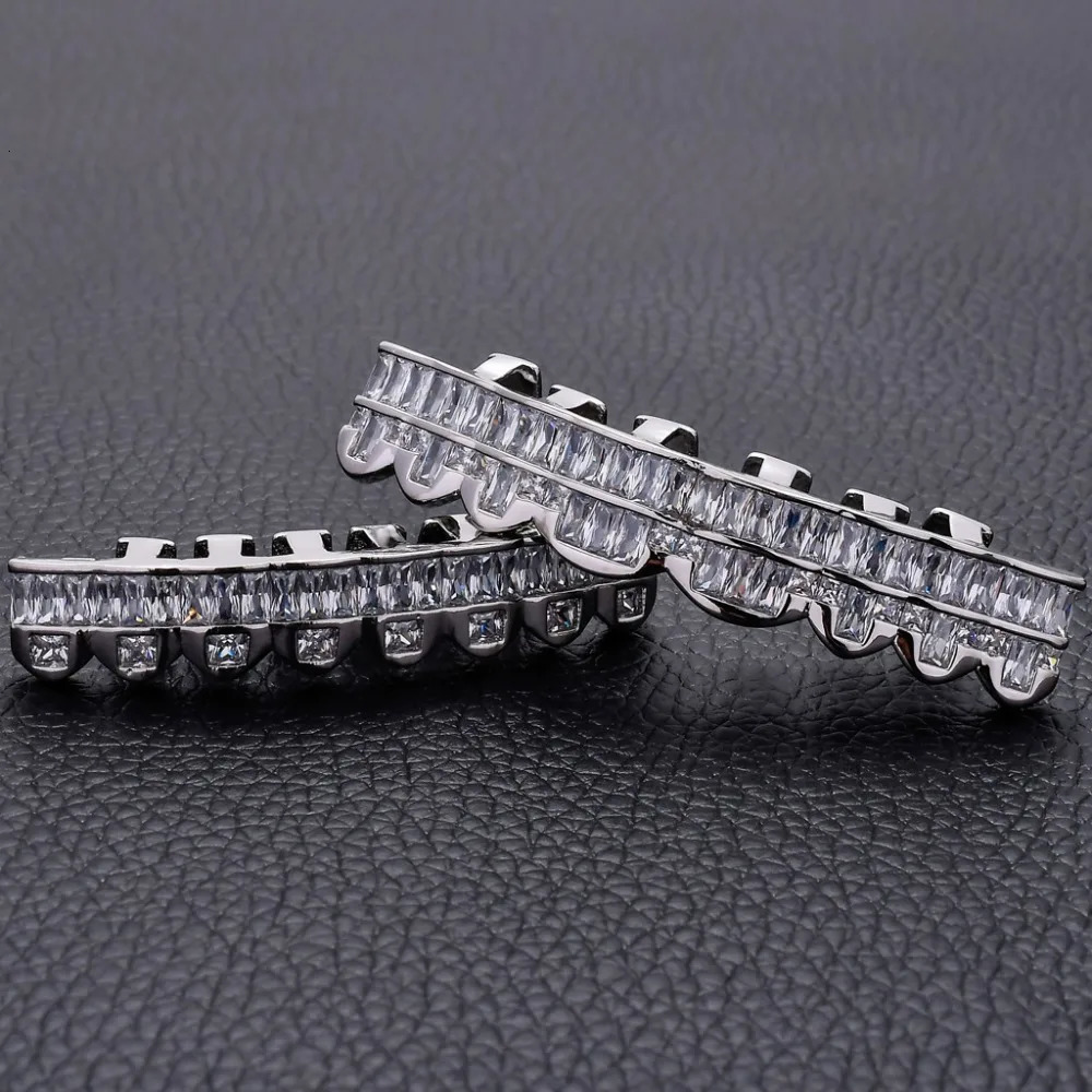 Hip Hop Iced Bling Baguette Zircon Teeth Grills for Women Men Body Piercing Jewelry Hollown Rapper Tooth 8 Top 8 Bottom 240504