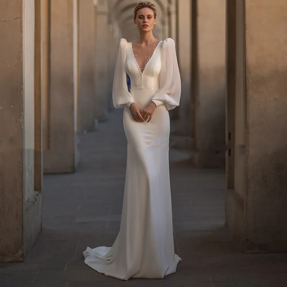 Sexy White Mermaid Wedding Dresses 2024 Chic V-Neck Long Puff Sleeve Beading Backless Bridal Formal Party Gown Court Train Vestidos De Noiva