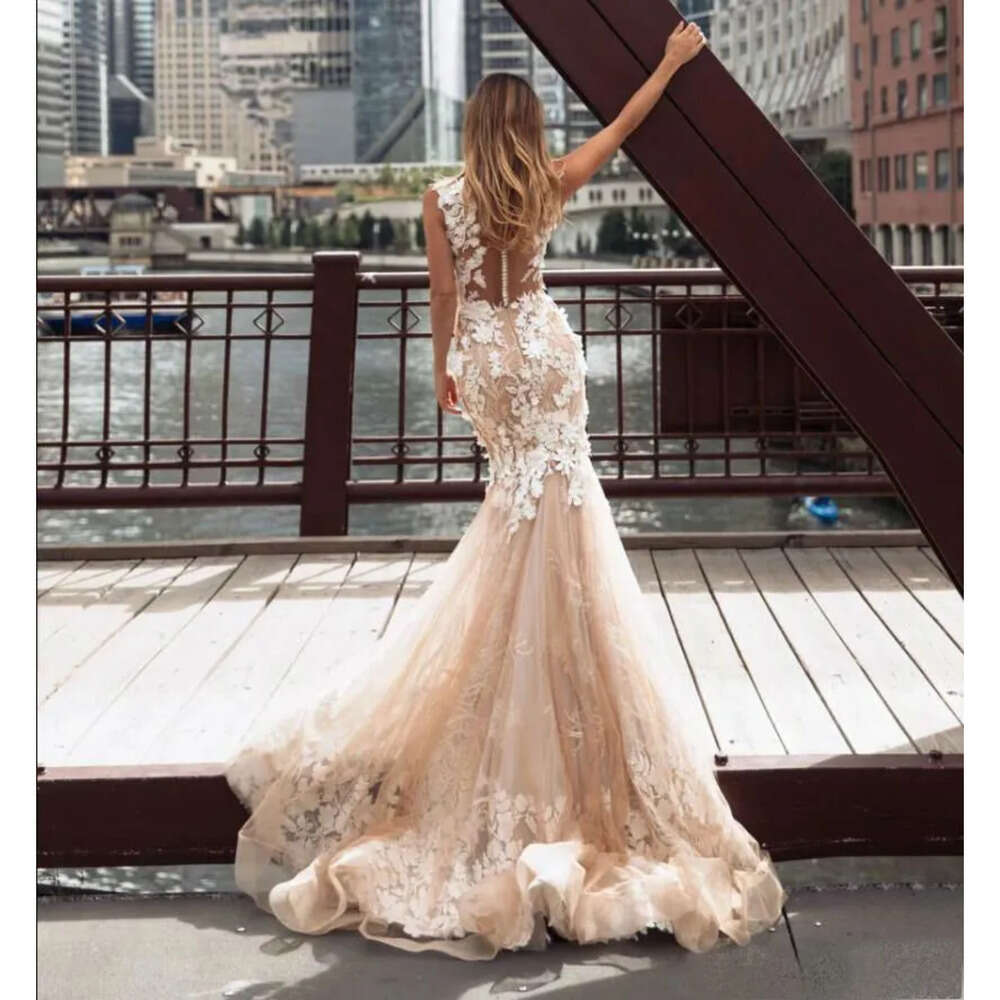 Lace Floral Appliques Dresses Glamorous D Mermaid Vestido De Noiva Vintage Wedding Dress Plus Size Court Gown Zipper Beach Bridal Gowns S