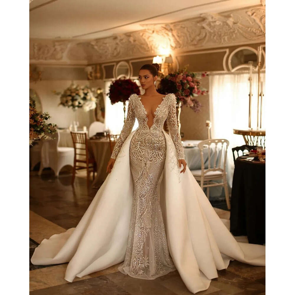 Mermaid Wedding Dress: Long Deep V-Neck Sequined Bridal Gown With Detachable Train, Custom Plus Size