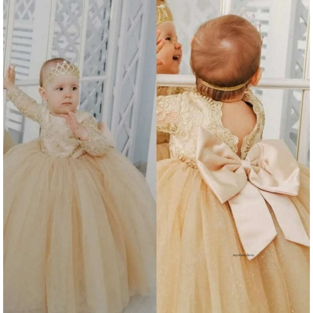 Modest Lovebabyj Ball Gown Flower Jewel Neck Long Sleeve Wedding Party Tulle Lace Applique Floor Length Princess Girl Dress 0508