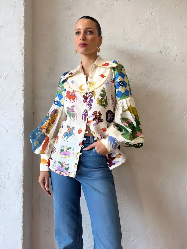 Women Printed Lantern Sleeve Shirts Turn-down Collar Tops Ladies Vintage Chic Holiday Casual Streetwear 240423