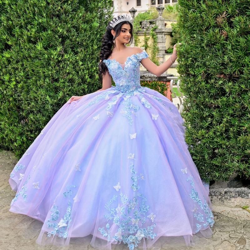 Glitter Lilac Sky Blue Off The Shoulder Quinceanera Dresses Ball Gown Applique Lace Bow Beading Tull Party Birthday Corset Sweet 16 Dress Vestidos De 