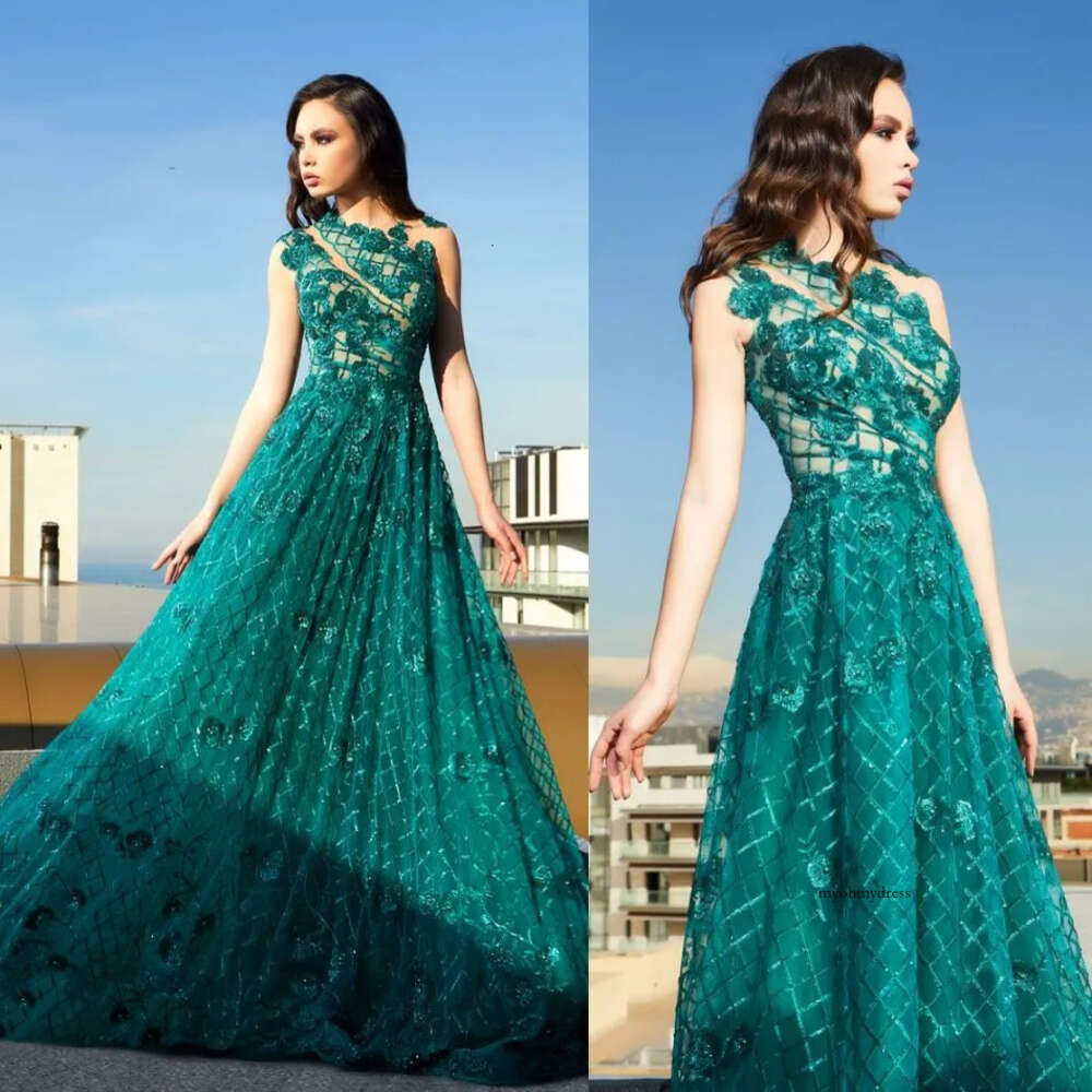 2020 Modest Sexy Jewel Sleeveless Tulle A Line Evening Lace Applique Hand Made Flowers Formal Dresses Sweep Train Party Gown 0508