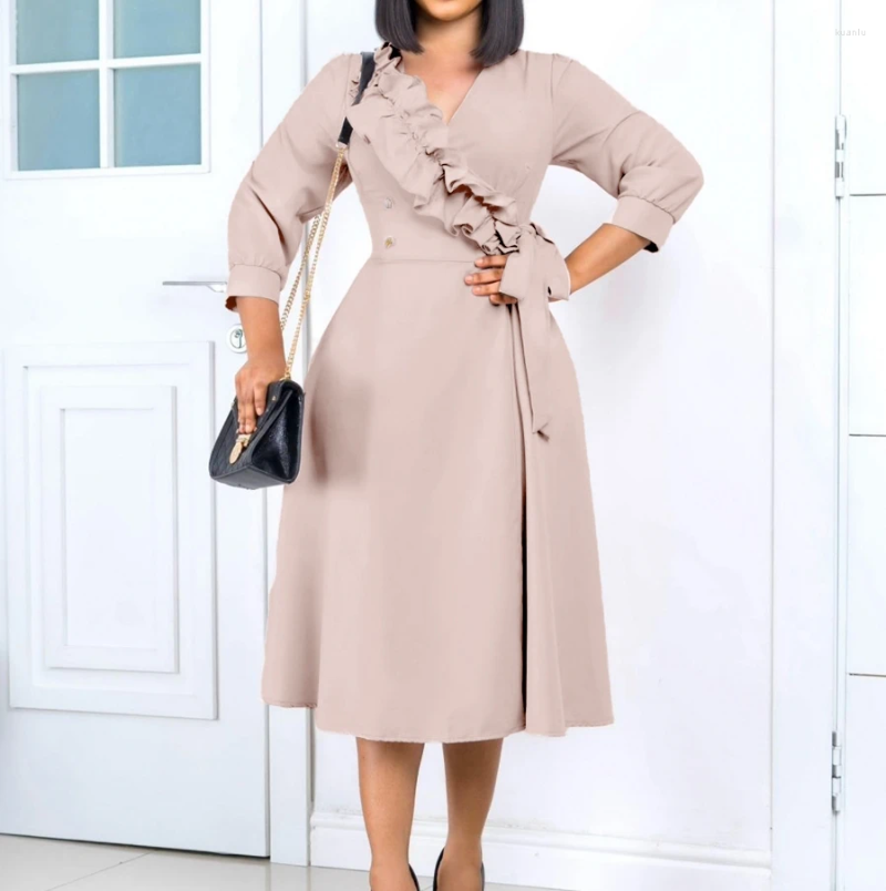 Casual Dresses 2024 Spring/Summer Womens Elegant And Fashionable Temperament Solid Color V-neck Pleated High Waisted Large Swing Skirt