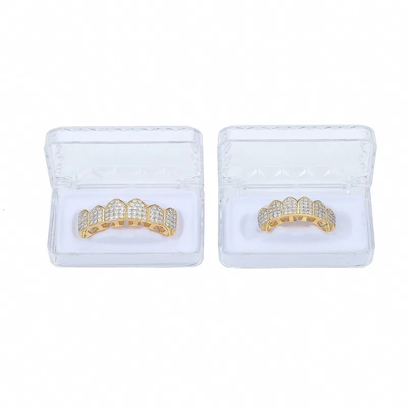 Hiphop Iced Zircon Tooth for Women Men Body Piercing Jewelry Gold Cubic Zirconia Teeth Grills Bottom Top Cap Set 240504